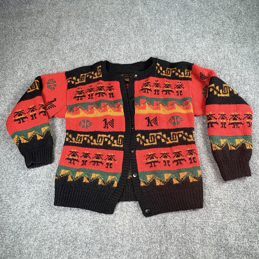 Vintage 80s Hand Knit Cardigan Sweater Womens M Multicolor AztecTribal Folk‎ Art